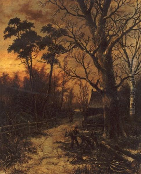 Woodsmen In A Winter Landscape Oil Painting by Barend Cornelis Koekkoek