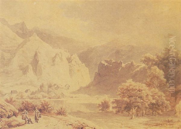 Figures In A Mountainous Landscape Oil Painting by Barend Cornelis Koekkoek