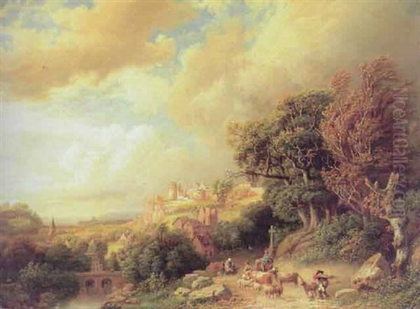 Niederdeutsche Landschaft Mit Kastellartigem Gebaude Auf Einer Anhohe Oil Painting by Barend Cornelis Koekkoek