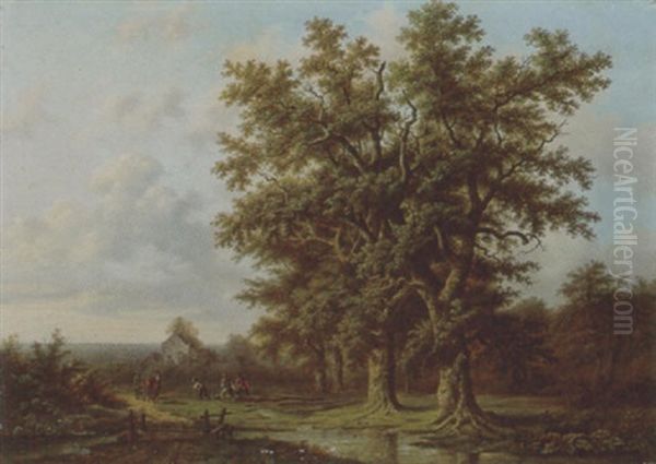 Landschaft Mit Grosser Eiche Und Holzfallern Oil Painting by Barend Cornelis Koekkoek