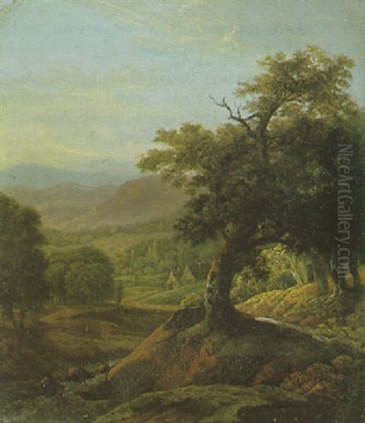 Hugellandschaft Mit Eichen, Im Mittelgrund Zwei Bauernhauser Oil Painting by Barend Cornelis Koekkoek