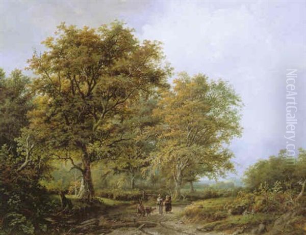 Travellers In An Extensive Wooded Landscape Oil Painting by Barend Cornelis Koekkoek