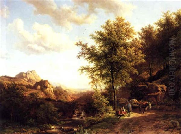 A Summer Landscape With Peasants Resting By A Mountain Stream Oil Painting by Barend Cornelis Koekkoek