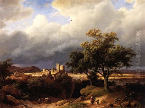 Figures In A Hilly Landscape, A Castle Beyond Oil Painting by Barend Cornelis Koekkoek