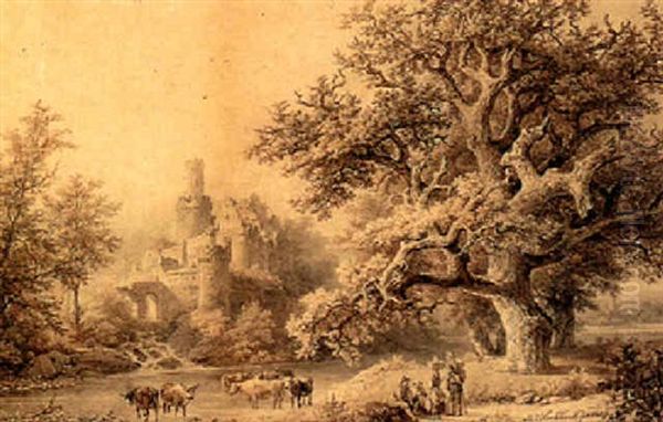 Figures In A River Landscape By A Castle Oil Painting by Barend Cornelis Koekkoek