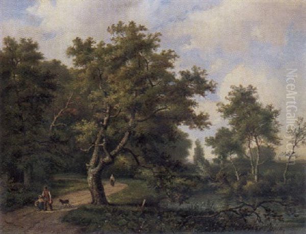 Waldlandschaft Mit Spaziergangern Auf Dem Weg Am Ufer Des Fluschens Oil Painting by Barend Cornelis Koekkoek