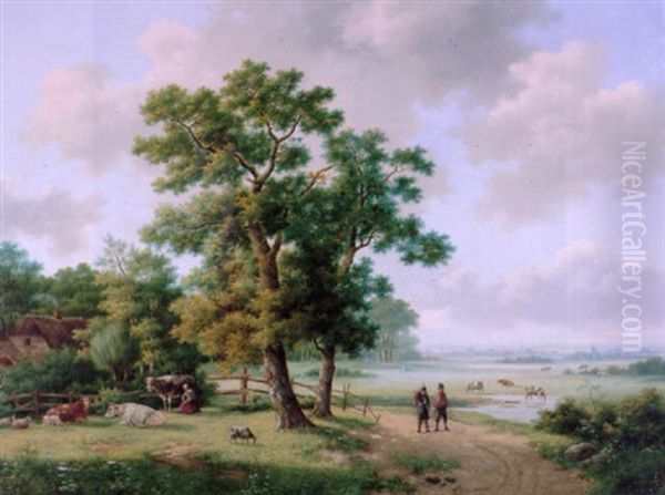 Travellers In An Extensive Landscape Oil Painting by Barend Cornelis Koekkoek