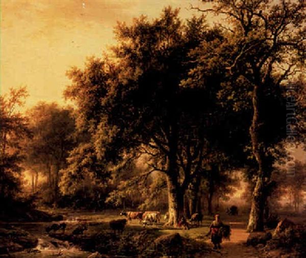 A Herd With Cattle By A Forest Creek, A Peasant Girl Passing By Oil Painting by Barend Cornelis Koekkoek