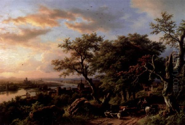 Rijnlandschap Met Figuren Oil Painting by Barend Cornelis Koekkoek