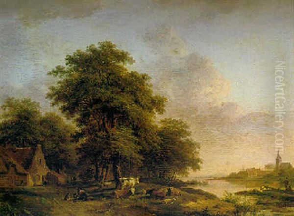 Cattle Grazing Beside A River Oil Painting by Barend Cornelis Koekkoek