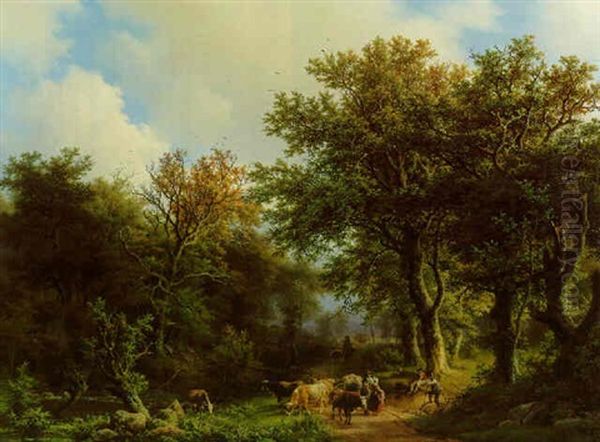 A Wooded Landscape With Cattle And Figures On A Path Oil Painting by Barend Cornelis Koekkoek