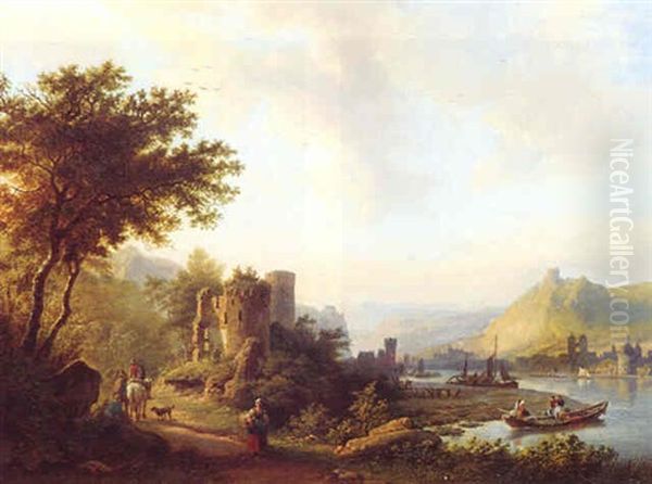 A River Landscape With Travellers On A Path Along Ruins, Boats Near A Town Beyond Oil Painting by Barend Cornelis Koekkoek