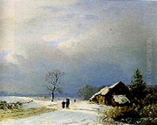 A Winter Landscape With Woodgatherers On A Track By A Farmhouse Oil Painting by Barend Cornelis Koekkoek