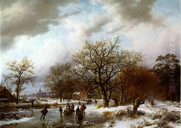 A Frozen Winter Landscape With Figures Skating On A Frozen River Oil Painting by Barend Cornelis Koekkoek