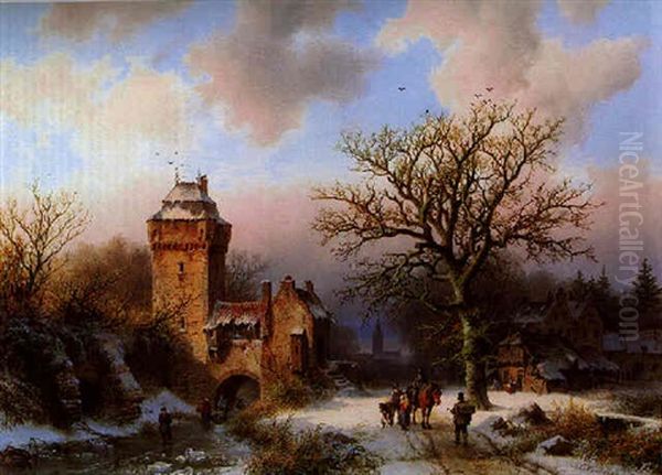 A Winter Landscape With Figures On A Path By A Frozen Canal Oil Painting by Barend Cornelis Koekkoek