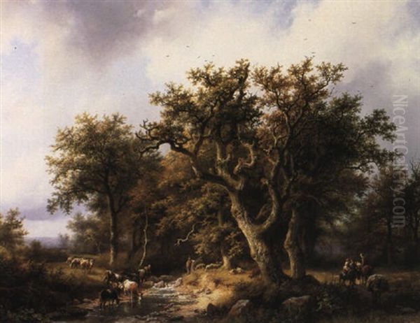 The Watering Hole Oil Painting by Barend Cornelis Koekkoek