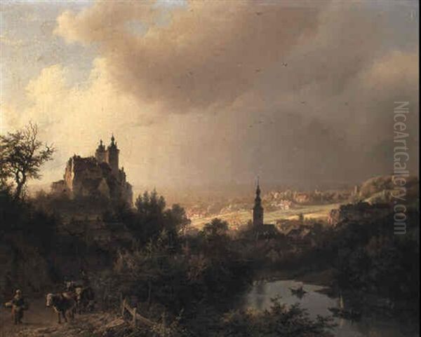 Wooded Mountainous Path With Cattle And Castle Oil Painting by Barend Cornelis Koekkoek