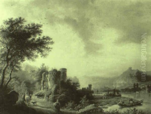 River Landscape With Figures On A Track Before Ruined Tower Oil Painting by Barend Cornelis Koekkoek