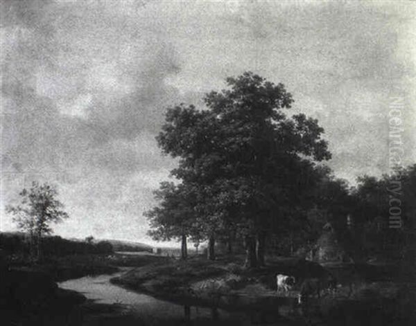 A June Evening/river View With Cattle Watering And Haying Oil Painting by Barend Cornelis Koekkoek