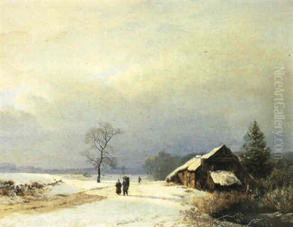 A Snow Landscape With Figures On A Path Near A Farm Oil Painting by Barend Cornelis Koekkoek