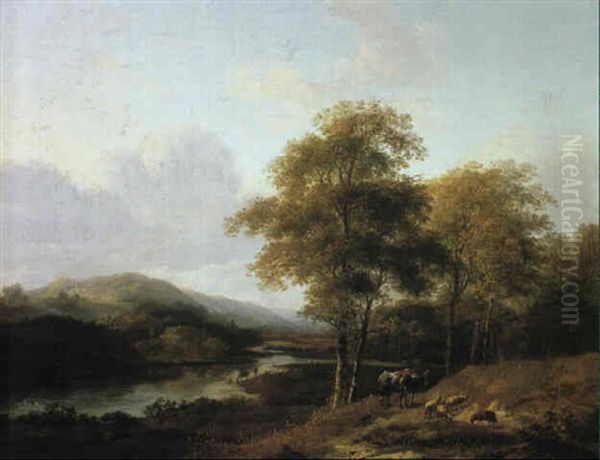 River Landscape With Figures Oil Painting by Barend Cornelis Koekkoek