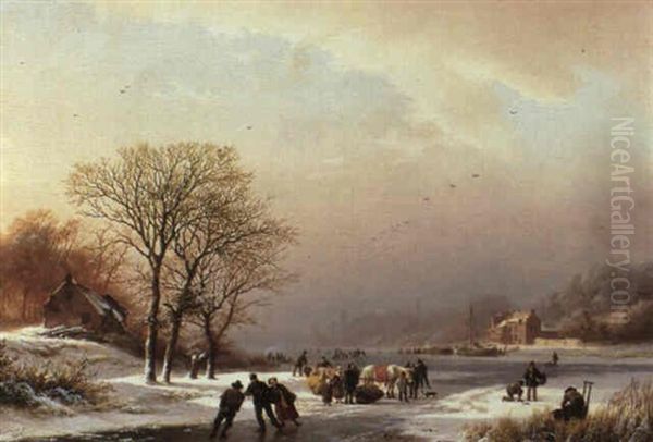 Winter Landscape With Figures On A Frozen River Oil Painting by Barend Cornelis Koekkoek