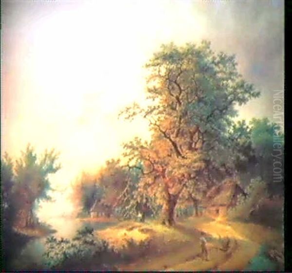 Paysage Lacustre Anime Oil Painting by Barend Cornelis Koekkoek