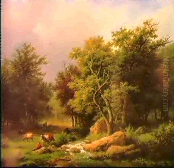 A Wooded Landscape With Herds And Cattle By A Stream Oil Painting by Barend Cornelis Koekkoek