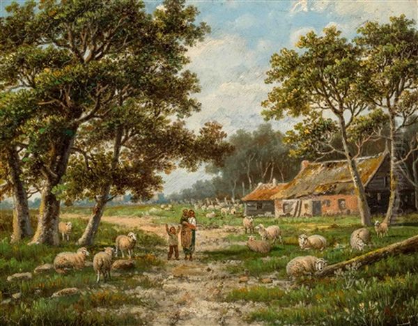 Family In A Sheep Meadow Oil Painting by Hendrik Barend Koekkoek