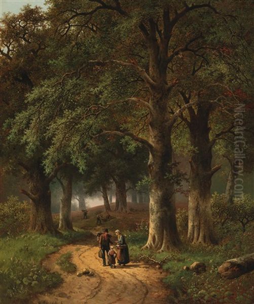 Encounter On The Woodland Path, Woodworkers In The Background Oil Painting by Hendrik Barend Koekkoek