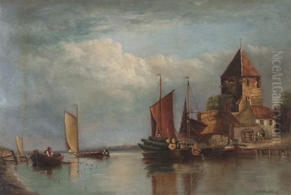 Canal Scene With Boats Oil Painting by Hendrik Barend Koekkoek