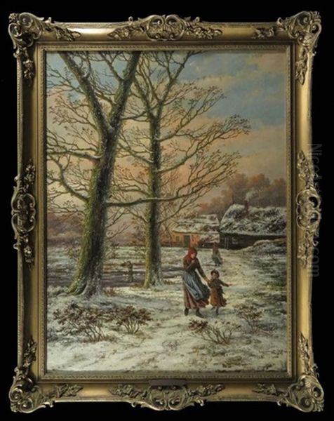 Winter Landscape Mother Child by Hendrik Barend Koekkoek