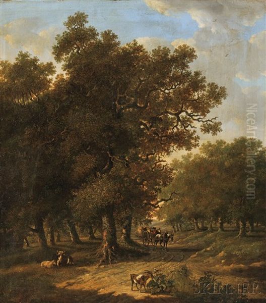 Wooded Landscape With Horse Cart And Livestock Oil Painting by Hendrik Barend Koekkoek