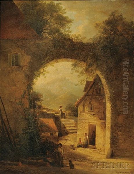 Figures In A European Village With Archway Oil Painting by Hendrik Barend Koekkoek