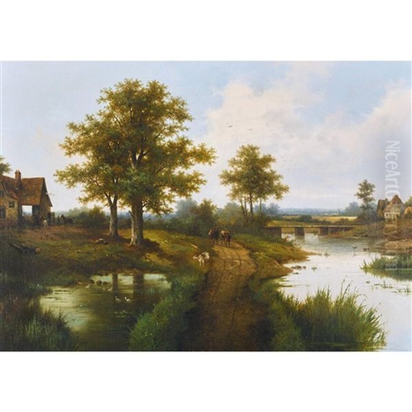 Landliche Wegpartie Am Fluss Mit Kuhen Oil Painting by Hendrik Barend Koekkoek