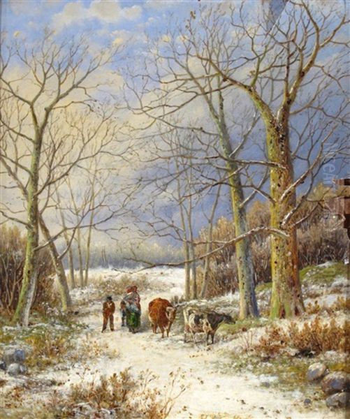 Shepherd And Sheep By A Barn; Family And Cows In A Winter Landscape (pair) Oil Painting by Hendrik Barend Koekkoek