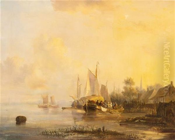 Harbor Scene Oil Painting by Hendrik Barend Koekkoek