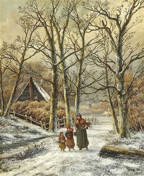 Gathering Firewood Oil Painting by Hendrik Barend Koekkoek