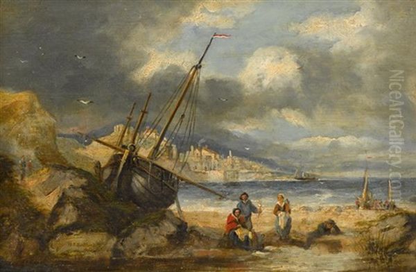 Fisherfolk Along The Shore Oil Painting by Hendrik Barend Koekkoek