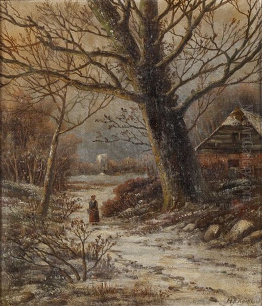 Winter Woodland Scene With Figure On Path Oil Painting by Hendrik Barend Koekkoek