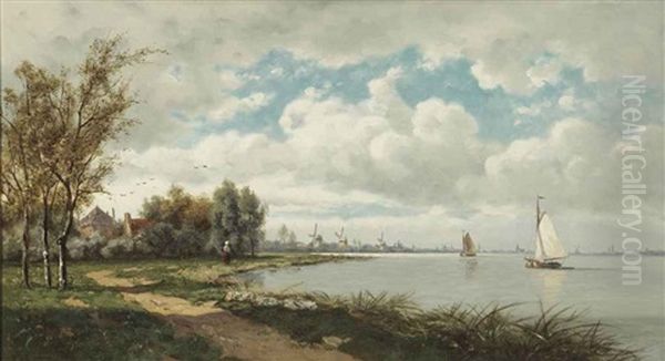 Windmills Near The Kinderdijk Oil Painting by Hendrik Barend Koekkoek