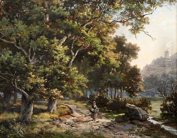 On A Path On The Edge Of A Forest Oil Painting by Hendrik Barend Koekkoek