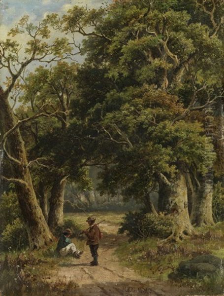 Wanderer Im Wald (+ Another; Pair) Oil Painting by Hendrik Barend Koekkoek