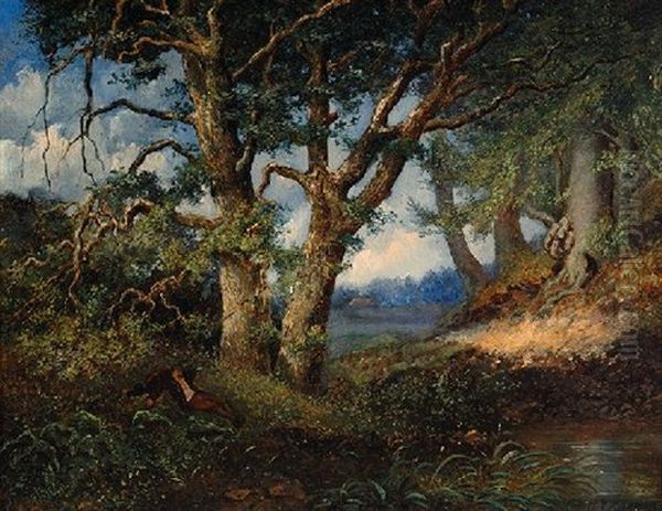 Resting Figure In A Forest Landscape Oil Painting by Hendrik Barend Koekkoek