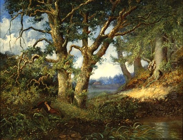 Resting Figure In A Wooded Landscape Oil Painting by Hendrik Barend Koekkoek