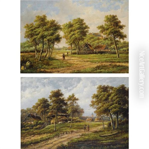 Peasants Near A Farm Stead (+ Travellers In A Summer Landscape; Pair) Oil Painting by Hendrik Barend Koekkoek