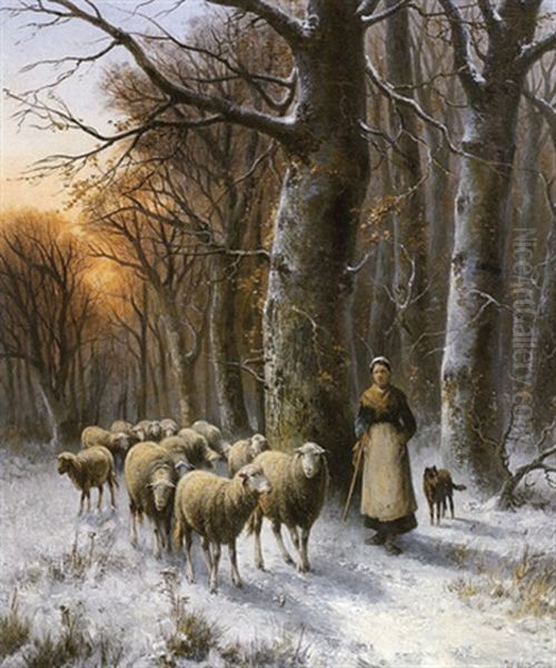 Hirtenmadchen Mit Schafherde Und Hund Im Winterwald Oil Painting by Hendrik Barend Koekkoek