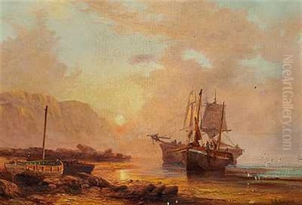 Skibe I Strandkanten Ved Solnedgang Oil Painting by Hendrik Barend Koekkoek