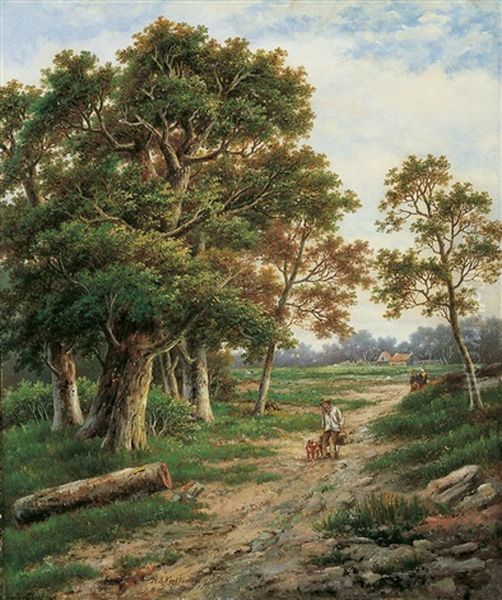 Bewaldete Landschaft Mit Einem Wanderer Und Seinem Hund Sowie Reisigsammlern Oil Painting by Hendrik Barend Koekkoek