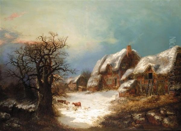 Winter Landscape With Cattle And Sheep Oil Painting by Hendrik Barend Koekkoek